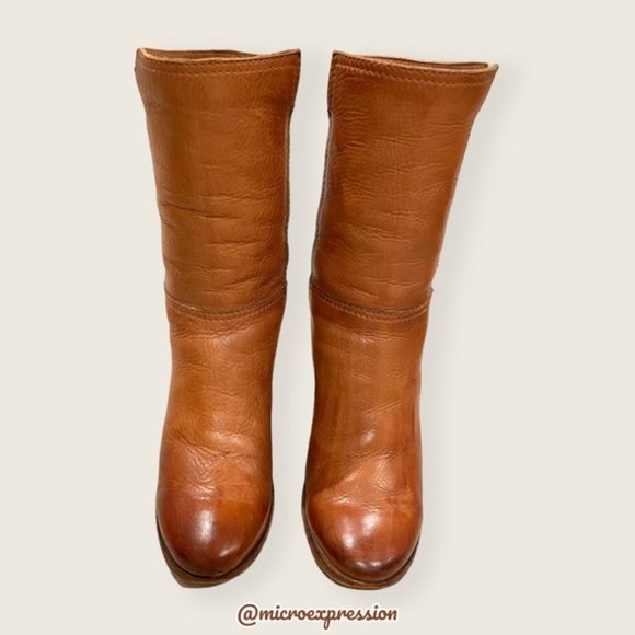 $399 Frye Nora Mid Calf Pull On Cognac Leather Heeled Fall/Winter Ankle Bootie - Picture 6 of 14